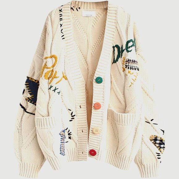Sweaters - Women's Cable Knit Long Sleeve Open Front Sheep V-Neck Button Embroidery Sweater